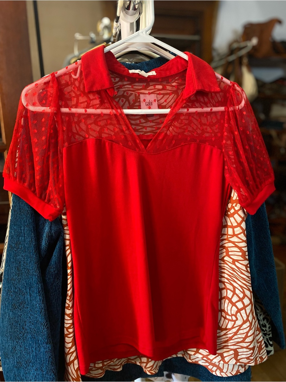 mine Red Sheer Lace Yoke Polo Blouse